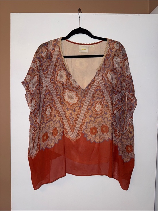 Maeve Tops - Maeve Boho V-Neck Paisley Tunic Top in Rust